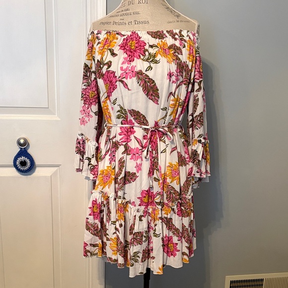 Bluivy Dresses & Skirts - Bluivy Floral Off-Shoulder Pink & Yellow Tiered Dress